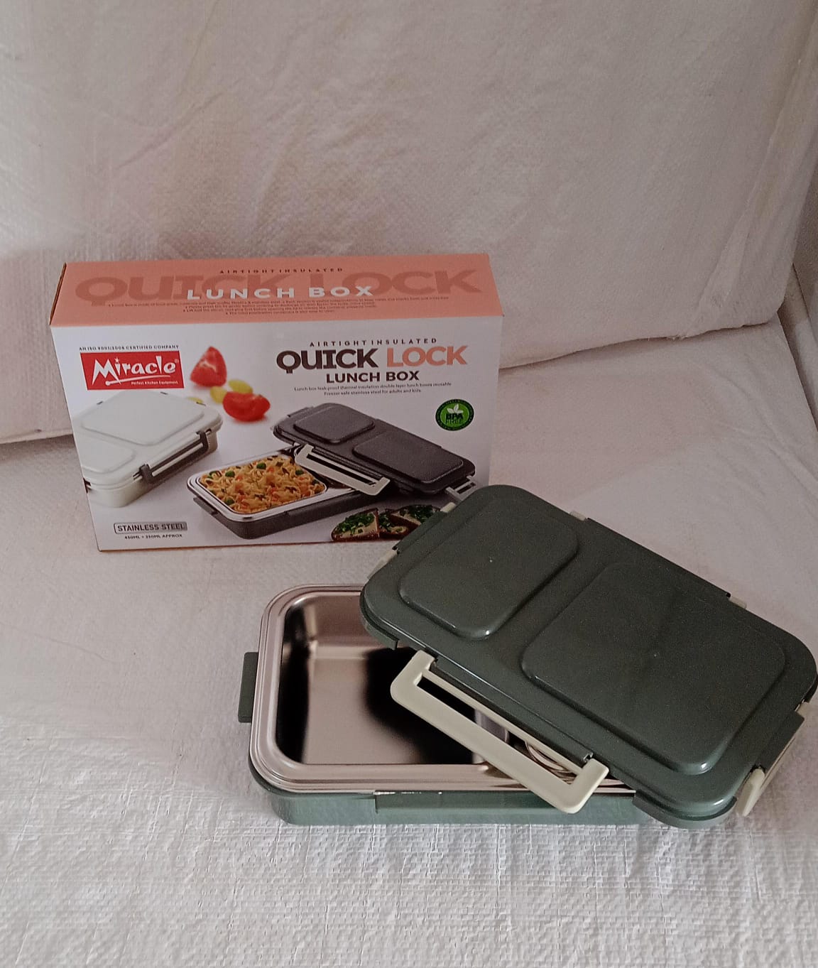 Miracle Quick Lock Leak Proof 2 Compartment Stainless Steel LUNCH BOX Inner Plate Reusable Microwave Freezer Safe Lunch Box Trendy Thermal Insulation Leak Proof for Office Vacuum Tiffin Box for Boys / Girls / School / Office Women and Men