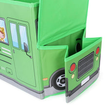 Bus-shaped toy box with lid and foldable design for easy storage