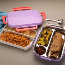 Multi-compartment lunch box with steel plates and a lid.