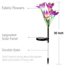 Solar lily stake lights, night view in outdoor setting