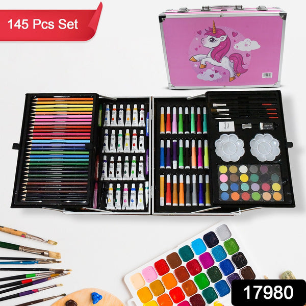 17980 Professional Art Set-Drawing Painting Sketching Coloring Kids Set All in 1 Art Case Perfect for Kids with Unicorn Design Case, Shading Crayons Oil Pastels Color Set Watercolor Cakes Paint Brush Sharpener Eraser (145 Pcs Set)